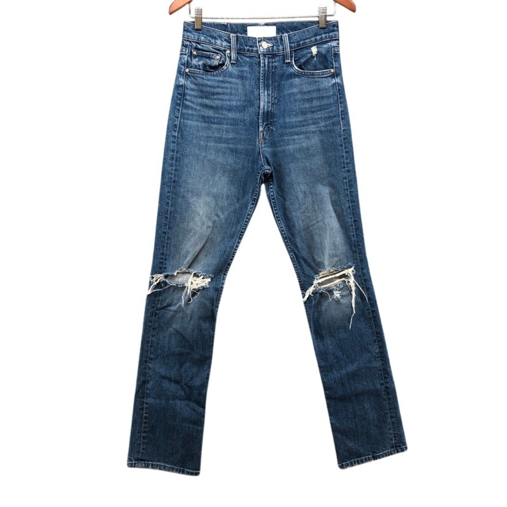 MOTHER High Waisted Rider Skimp Jeans Womens 28 6 Blue Distressed Straight Leg